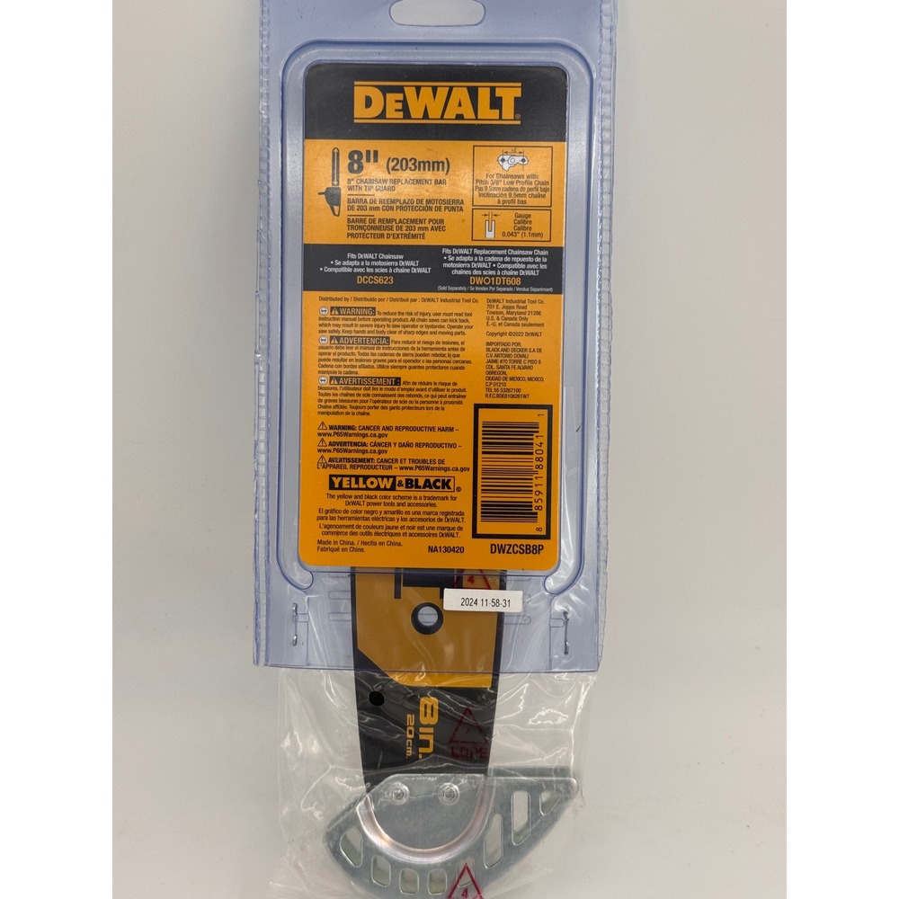 DeWalt 8in Chainsaw Replacement Bar w/Tip Guard DWZCSB8P for DCCS623 DWO1DT608